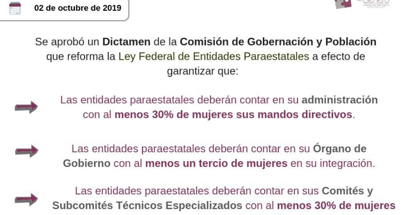 Mujeres podrán ocupar 30 % de mandos directivos en paraestatales