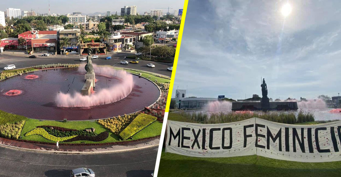 Bajo la leyenda de «México feminicida» pintan de rojo el agua de La Minerva.